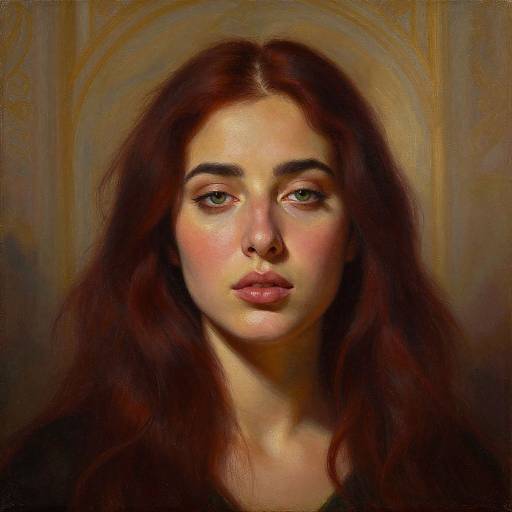 Digital portrait of a young woman with long, auburn hair, fair skin, green eyes, and pink lips, set against a warm, golden