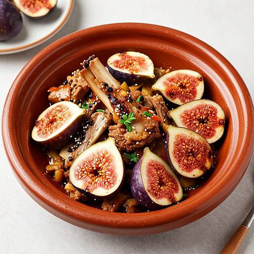Photograph of a red ceramic bowl filled with sliced figs, glazed in a dark sauce, garnished with parsley, and crispy nuts.