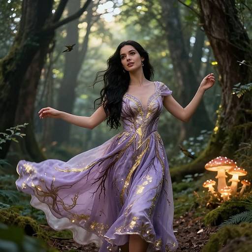 Fairy-tale forest scene: Dark-haired woman in flowing lavender dress with gold embroidery, dancing around glowing mushrooms and a fluttering bird.