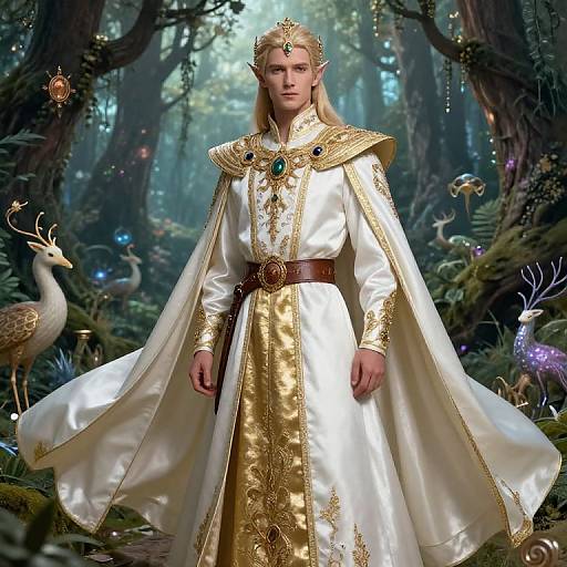 Photographic-style digital artwork of an elf-like character in a white, gold-embroidered royal robe, forest background, adorned with jewels and a