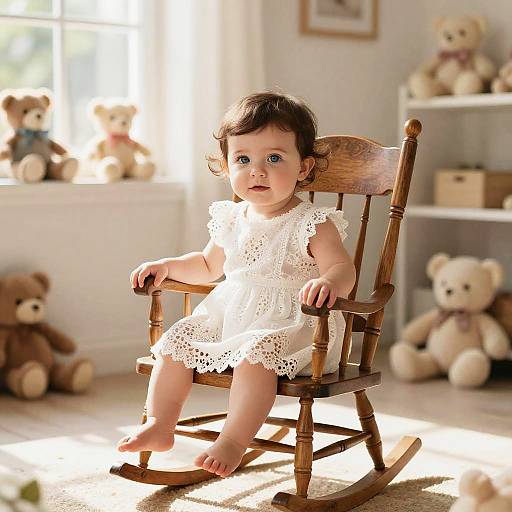 Toddler Girl in White Lace Dress on Vintage Rocking Chair