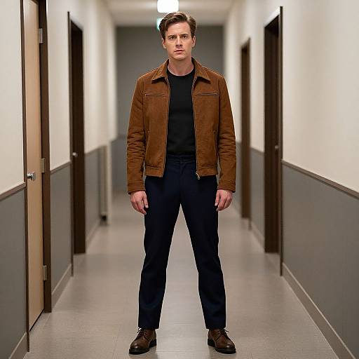 Man in Jacket Standing in Hallway