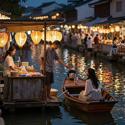 Photograph of a nighttime Asian market canal scene with lantern-lit wooden stalls, customers in boats, and warm, glowing lights reflecting off the water.