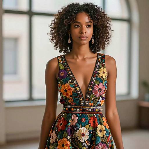 Stylish Black Woman in Floral Embellished Dress