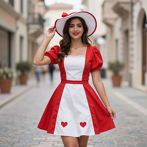 Photograph of a smiling woman in a red and white vintage-style dress with heart patterns, wide-brimmed hat, and red puffed sleeves,