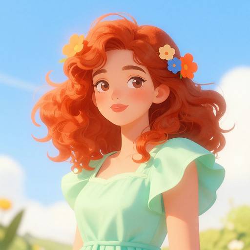 Digital anime-style drawing of a red-haired woman with curly hair, orange and blue flowers, green dress, and smiling, set against a bright blue sky