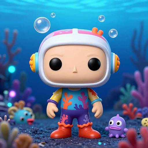CGI image of a cute, cartoon-style child in a white diving helmet, blue and red coral-patterned suit, red boots, underwater, with