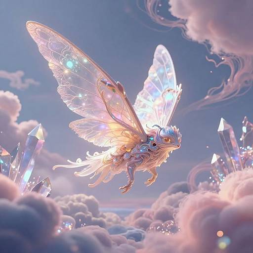 Digital art of a glowing, ethereal butterfly-like creature with transparent, starlit wings soaring through a crystal-filled, cloudy sky.