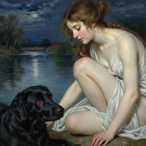 Renaissance Nymph and Black Dog Portrait