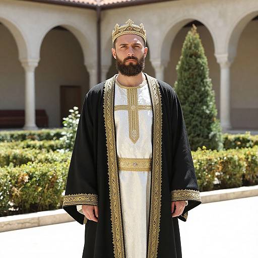 Regal Bearded Man in Sunlit Courtyard