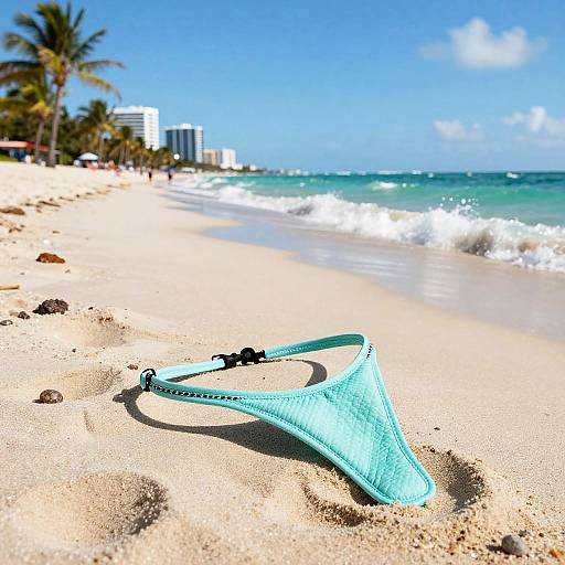 Photograph of a turquoise mesh bikini bottom lying on a sunny, sandy beach with clear blue ocean waves and palm trees in the background.