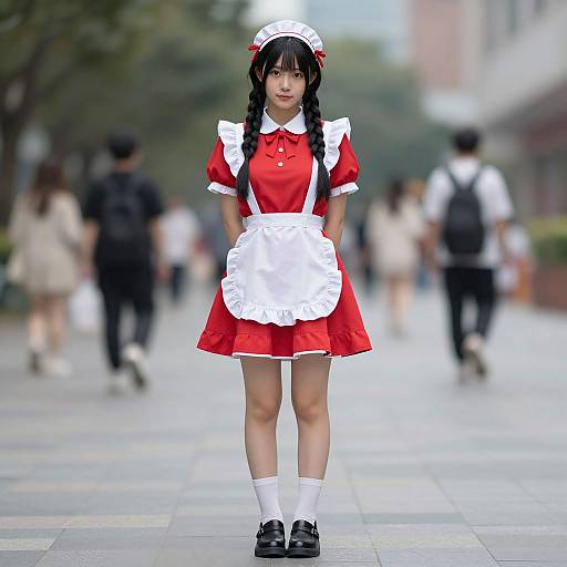 Photograph of an Asian woman in a red and white French maid outfit with black shoes, standing on a blurred city sidewalk, surrounded by pedestrians.