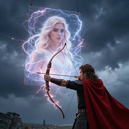 Photorealistic CGI: Warrior with red cape, aiming electrically charged bow at glowing, ethereal white-haired woman in lightning-framed hologram against