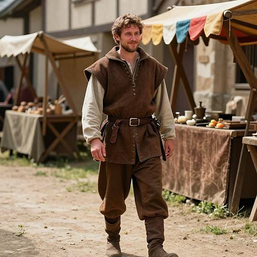 Photograph of a bearded man with curly brown hair, wearing medieval brown vest and trousers, walking through a sunny outdoor market with colorful canopy stalls in