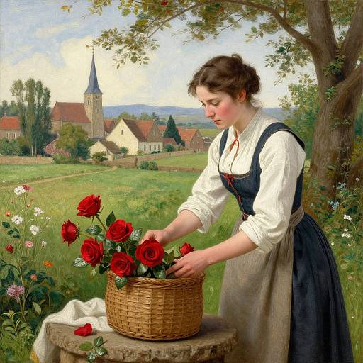 Photorealistic painting of a young woman with brown hair in a white blouse and black dress, picking red roses from a wicker basket in a lush