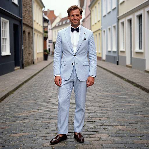 Photograph of a smiling man in a white pinstripe suit with black bow tie, standing on a cobblestone street between pastel-colored buildings