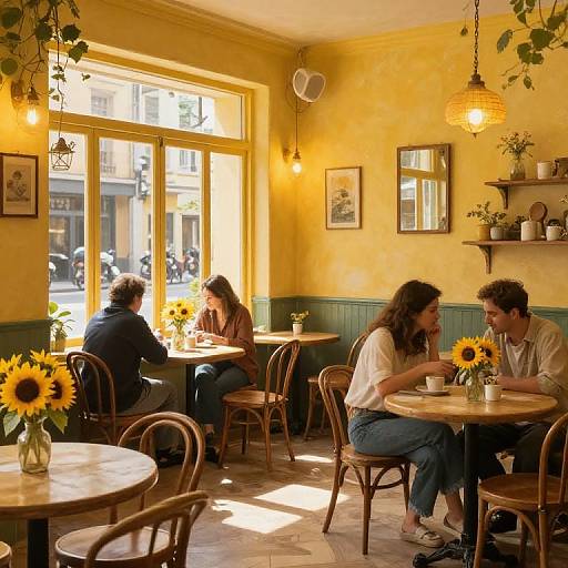 Photograph of a cozy, sunlit café with yellow walls, large windows, wooden tables, and chairs. Four people, casually dressed, converse and