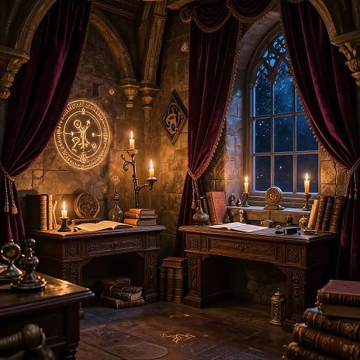 Photograph of a dimly lit, medieval-style study with stone walls, dark red curtains, candlelit wooden desks, and a window showing a night