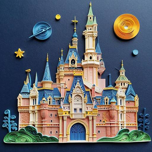 Colorful 3D paper-crafted castle with blue spires, pink bricks, and whimsical night sky featuring stars, moons, and spirals