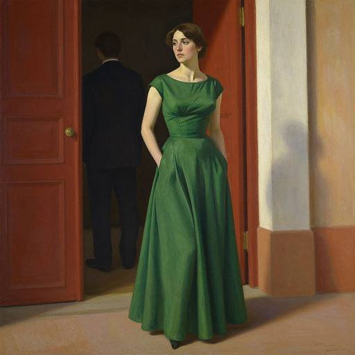 Photograph of a woman in a green, full-length, sleeveless gown standing in a dimly lit doorway with a red door behind her, shadow