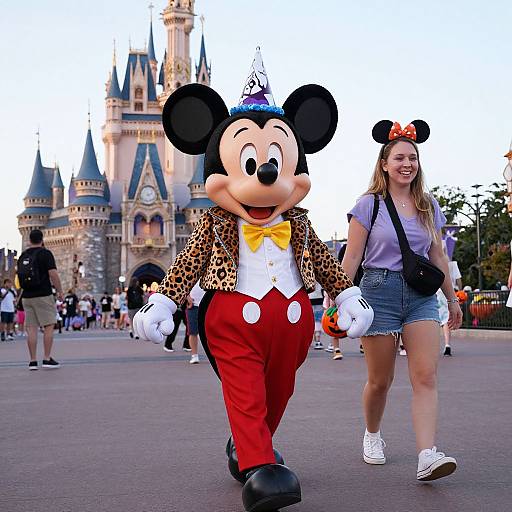Photograph of a woman in denim shorts and purple shirt walking beside a Mickey Mouse cosplayer in a leopard jacket, red pants, and a blue crown