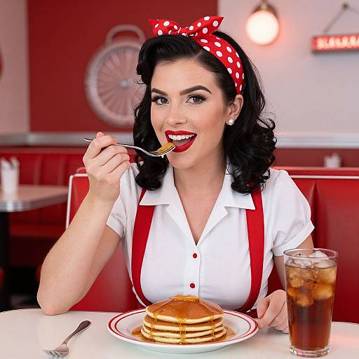 Retro Woman Enjoying Pancakes in Diner