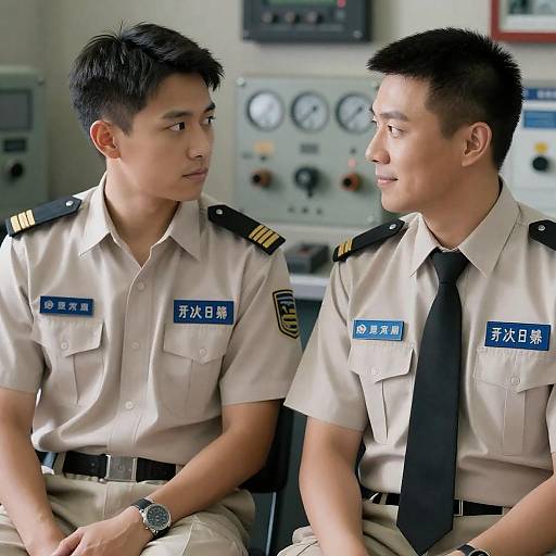 Two Men in Beige Uniforms Sitting Indoors