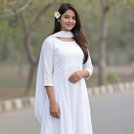 Photograph of a young South Asian woman with long dark hair, wearing a white traditional dress and shawl, smiling outdoors with a flower in her hair
