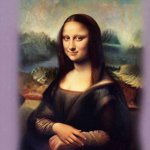 Digital artwork of the Mona Lisa with a modern twist, featuring a subtle smile, dark brown hair, and a black shawl, set against a blurred