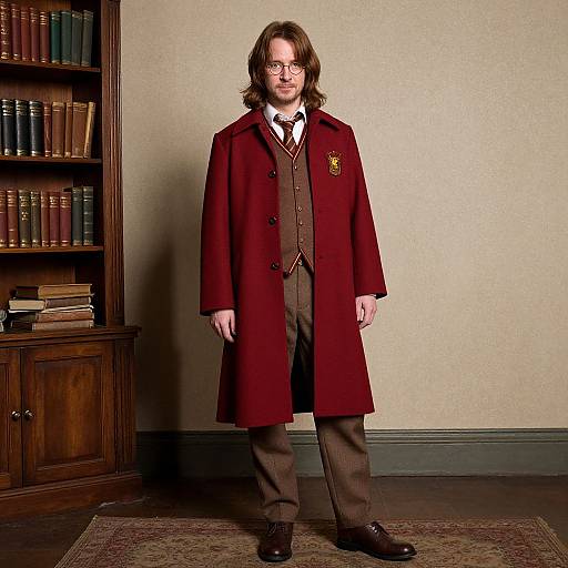 Photograph of a young man with brown hair and glasses, wearing a maroon Hogwarts school coat, brown trousers, and a white shirt, standing in