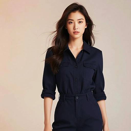 Photograph of an Asian woman with long dark hair, wearing a black button-up shirt and pants, standing against a softly gradient white background.