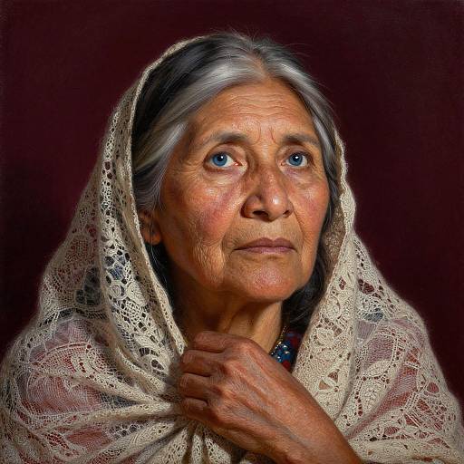 Photograph of an elderly woman with gray hair, blue eyes, and wrinkled skin, wearing a lace headscarf, against a dark brown background