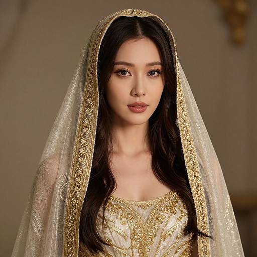 Photograph of an Asian woman with long black hair, wearing an ornate gold and white traditional bridal dress with a sheer veil, set against a softly