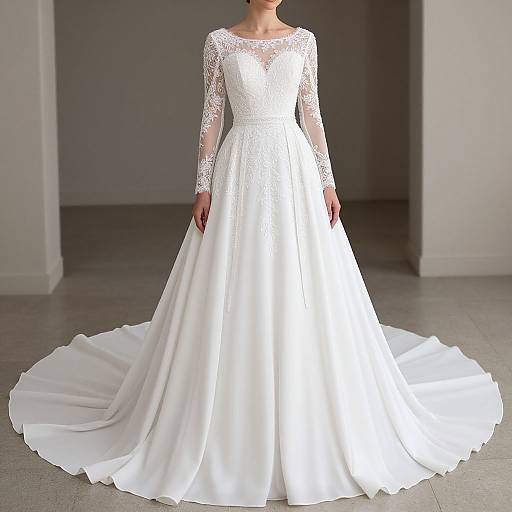 Photograph of a woman in a white lace-trimmed, long-sleeve, A-line wedding dress with a full, trailing skirt in a