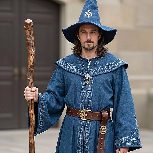 Photograph of a bearded man in a blue wizard robe and hat, holding a wooden staff, with intricate embroidery and a silver pendant, standing before