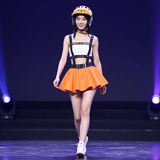 Fashion runway model in orange mini skirt, black suspenders, white top, yellow helmet, white boots, smiling, dark blue background.