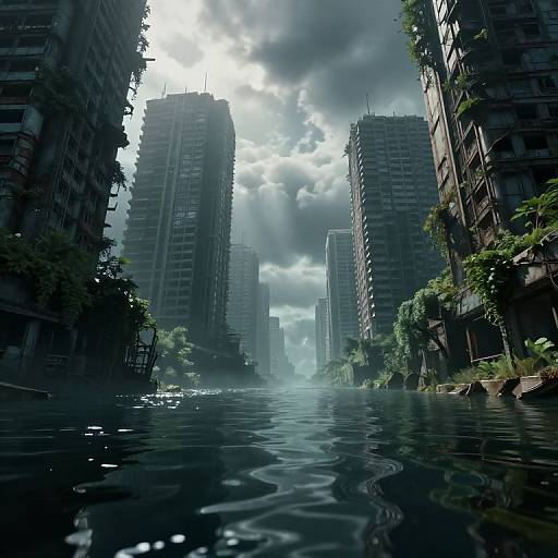 CGI image of a flooded urban street between tall, overgrown, abandoned skyscrapers, with sunlight piercing through clouds, creating dramatic reflections on the