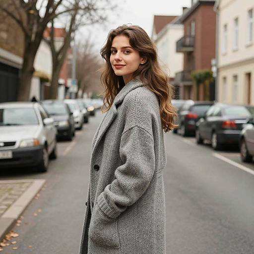 Photograph of a young woman with wavy brown hair, wearing a gray knitted coat, standing on a suburban street with parked cars and leafless