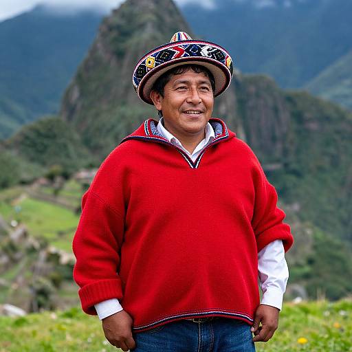 Photograph of a smiling Andean man in a red sweater, white shirt, and colorful hat, standing in a lush, mountainous landscape.