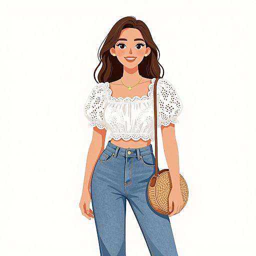 Digital illustration of a smiling woman with long brown hair, wearing a white lace crop top, high-waisted blue jeans, and a woven shoulder bag
