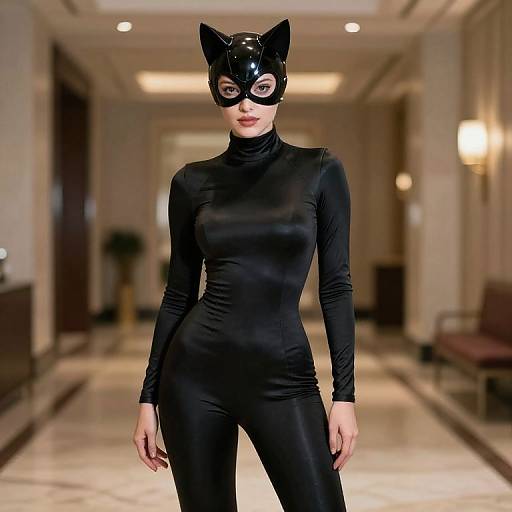 Black Catsuit Elegance in Hall