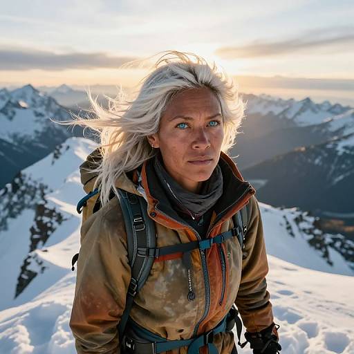 Photograph of a determined, blue-eyed, blonde-haired woman with wind-blown hair, wearing a tan and brown hiking jacket, standing on a snowy