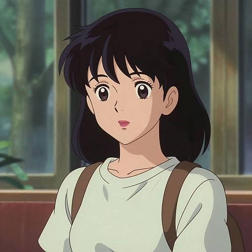Anime-style digital drawing of a young woman with black hair, large brown eyes, white shirt, brown backpack, and soft smile, set against a blurred