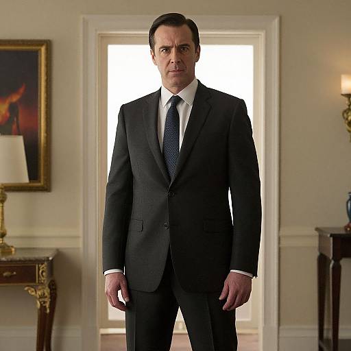 Photograph of a middle-aged man in a black suit, white shirt, and blue tie, standing in a well-lit, elegant room with a