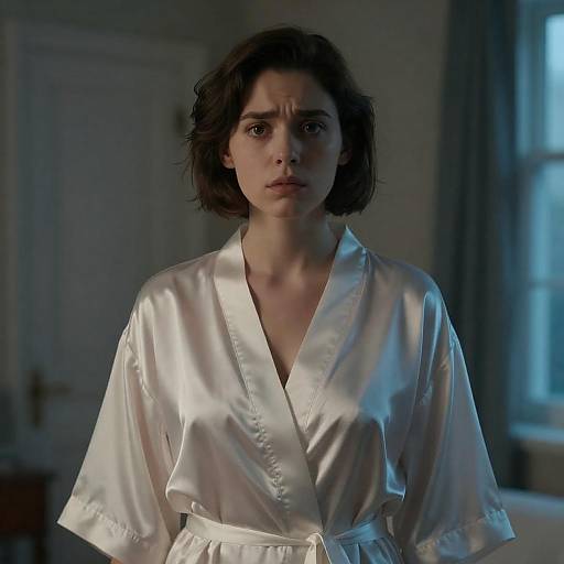 Young Woman in Satin Robe with Concerned Expression
