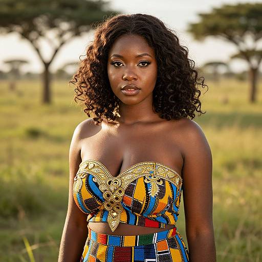 Photograph of a beautiful, dark-skinned African woman with curly hair, wearing a vibrant, strapless, patterned dress, standing in a sun
