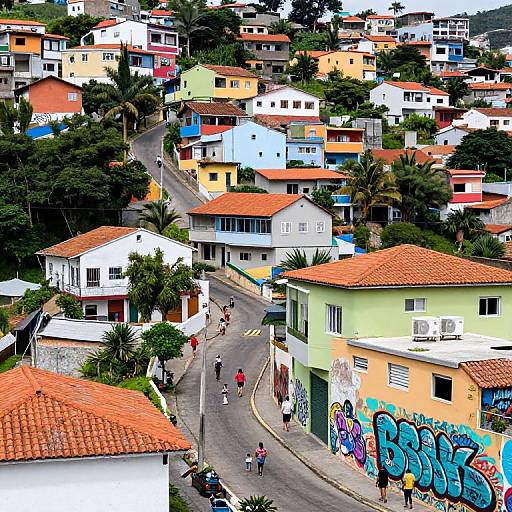 Vibrant photograph of a hillside neighborhood with colorful houses, orange roofs, graffiti, and people walking down a winding street.