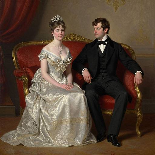 Victorian portrait of a fair-skinned woman in a silver gown and tiara, seated beside a dark-haired man in a black suit, on an