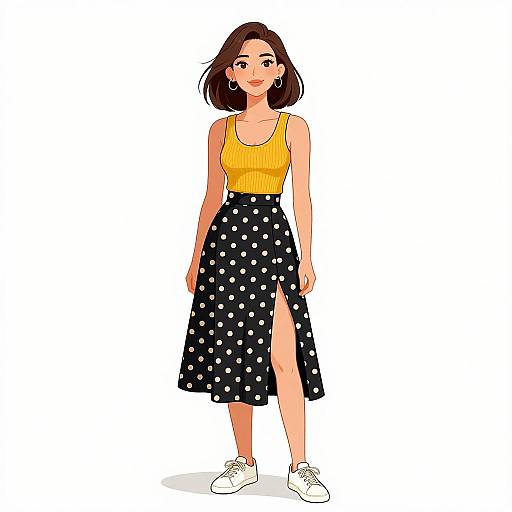 Digital illustration of a young woman with short brown hair, wearing a yellow tank top, black polka dot skirt with a thigh slit, and white sneakers