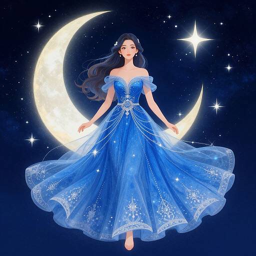 Digital art: Elegant woman with long black hair in a shimmering, blue, off-shoulder gown, surrounded by a glowing crescent moon and